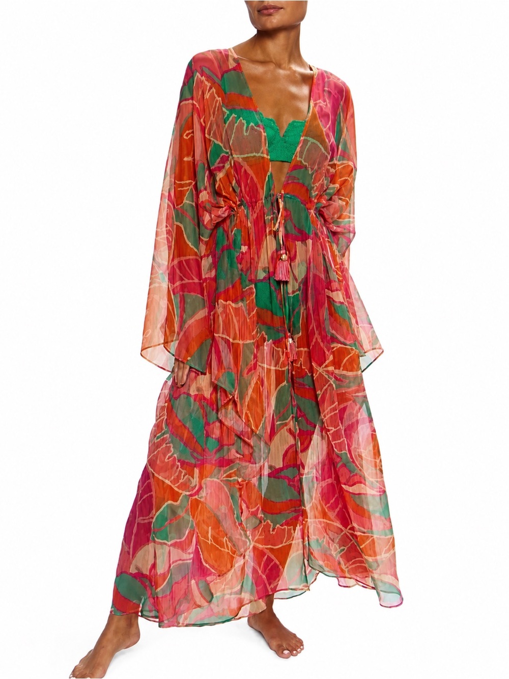 Ramy Brook Multicolor Sheer Floral Caftan — Green, Pink, Orange